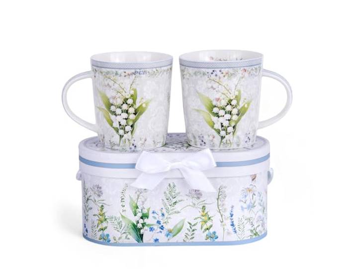 STP GOODS Maiglöckchen aus Knochenporzellan Tee- und Kaffeebecher 2er Set in Geschenkbox, 350 ml, Blumen-Tassen für Tee, Latte, Kakao, Schokolade, spülmaschinen- und mikrowellengeeignet