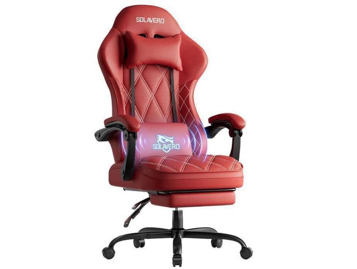 Chaise Ergonomique Fauteuil en Cuir PU Large de 51 cm sans Ailettes Latérales avec Repose-Pieds Coussin Lombaire Massant Rouge