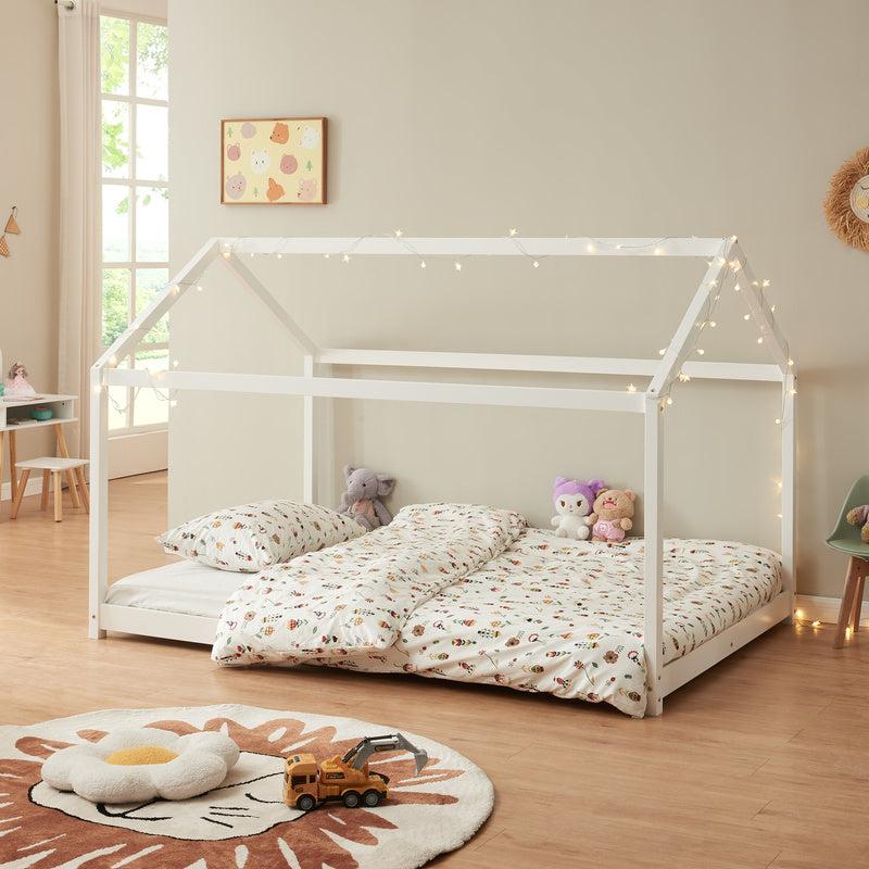 Kinderbett mit hauseförmigem Rahmen - 120x200 cm - Kiefernholz - weiß - Spielbett - Lattenrost