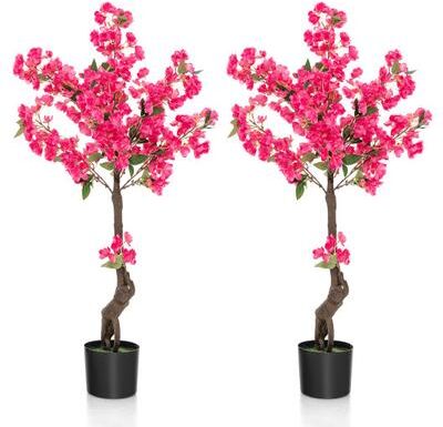 Costway 2 Pack 41 Inch Artificial Plum Blossom Tree Fake Floral Plant with 92 Flowers-Red