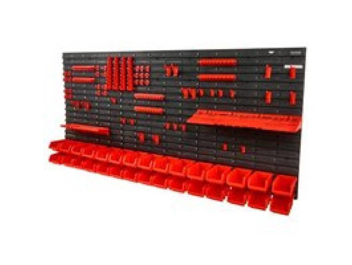 VEVOR Stapelboxen, 30-Behälter-Teileregal-Organizer für Garage, Kunststoff-Ladenwerkzeug mit Wandpaneelen/Werkzeughaltern/Haken, für Muttern, Bolzen, Schrauben, Nägel, Perlen, Knöpfe, Schwarz/Rot