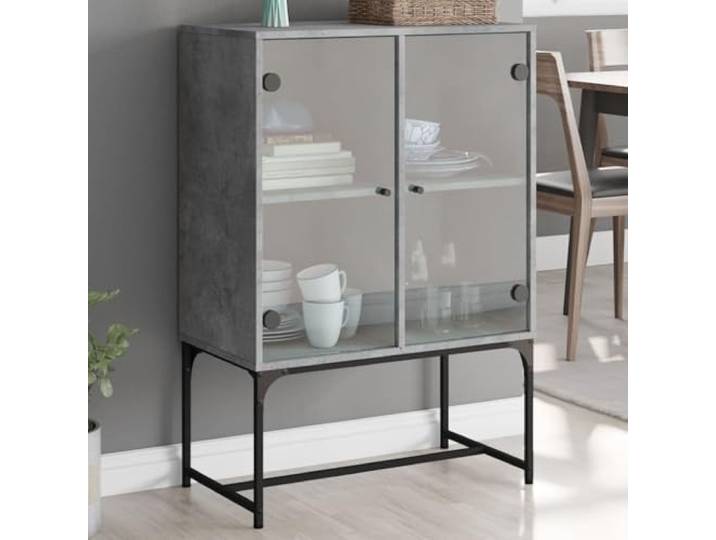 HEFZGDB Beistellschrank mit Glastüren und großer Staufläche, moderner Beistellschrank mit Glasfront für Deko und Alltagskram zur Aufbewahrung und Dekoration in Betongrau 69x37x100 cm