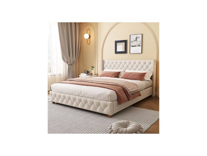 Lit capitonné 140*190cm avec sommier à lattes et tête de lit revêtement boutons revêtement rivets pieds en multicolo LIT COMBINE