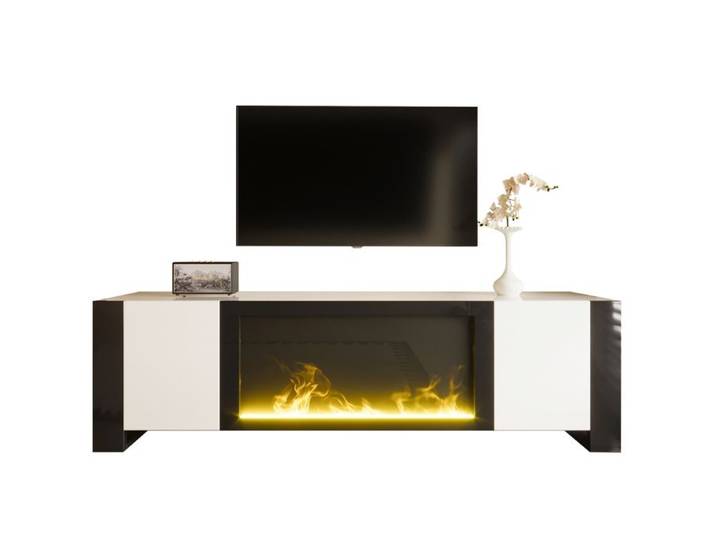 Meuble TV - SENVIRO avec cheminée électrique design contemporain 165x55x32cm blanc noir