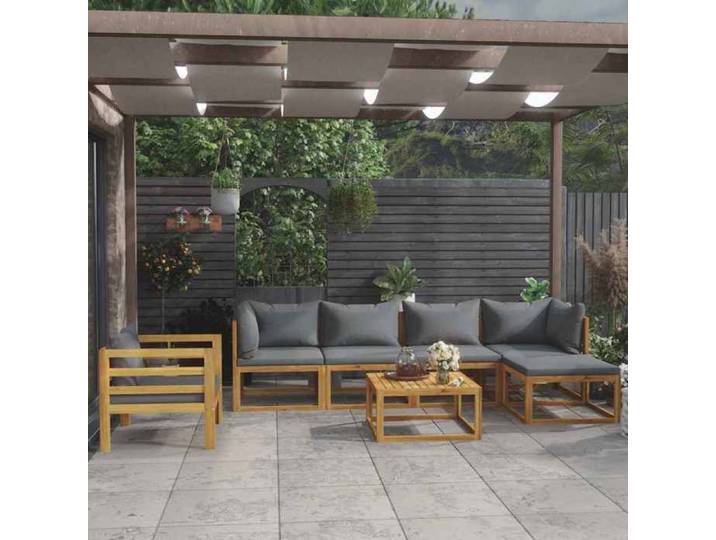 Salon de jardin 7 pcs avec coussin bois acacia massif mobilier extérieur 7 places terrasse balcon