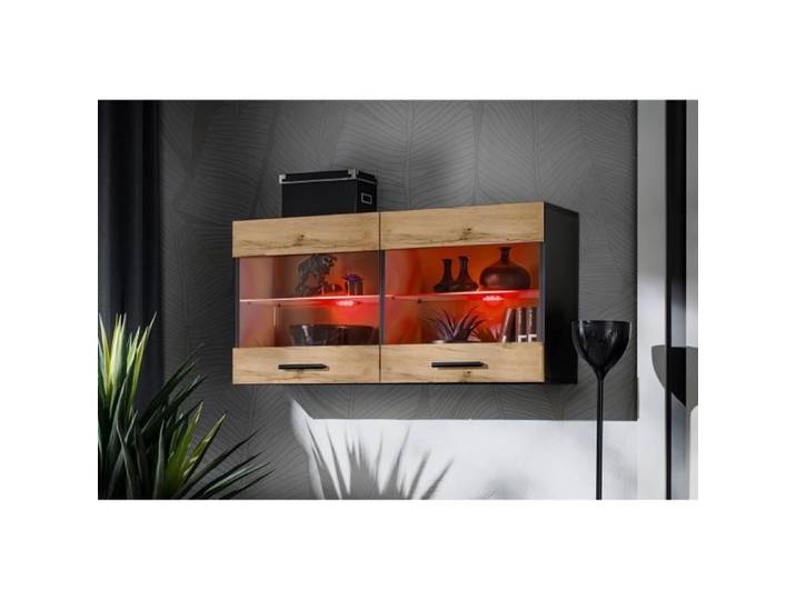 Vitrine Armoire Savona Komodee - LED RGB - Bois Naturel Mat & Noir - 2 portes - L100cm x H50cm x P30cm