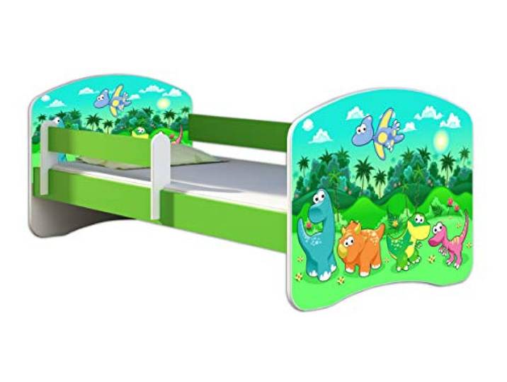 ACMA Kinderbett 160x80 Jugendbett mit Matratze, Farbe Grün, Rausfallschutz Lattenrost II Spielbett Kinderzimmer Möbel, 30 Dino