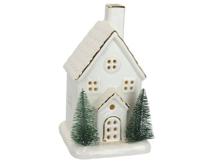 LED-Dekofigur I.GE.A. LED-Haus , weiss (weiß), B:11cm H:20cm, Porzellan, Dekofiguren, LED-Dekofigur, Dekoobjekt LED batteriebetrieben Weiss Gold Weihnachtsdeko