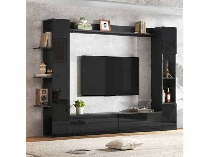 Merax TV Wohnwand-Set, Anbauwand Komplett, Kompakt Wohnzimmer Möbel Set Hochglanz mit viel Stauraum, TV Schrank, Vitrine, Hängeregal, Acryltüren, Offene Regale, Elegante Schrankwand Mediawand, Schwarz