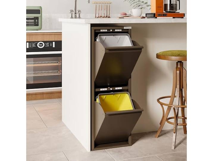 VEEHAUS Küchen Mülltrennsystem, Metall Müllschrank, Klappfach (2 x 15 L) Freistehend & vormontiert, Einzeln öffenbare Klappen, Magnetische Außenfläche, Herausnehmbare Eimer, 30 L, Beige