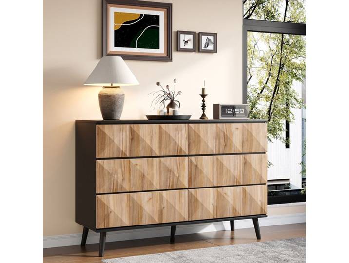 Buffet 6 Tiroirs Noir Et Bois Bahut Industriel FloraGrace Pour Salon Chambre Entrée Outils Inclus 120x40x85cm