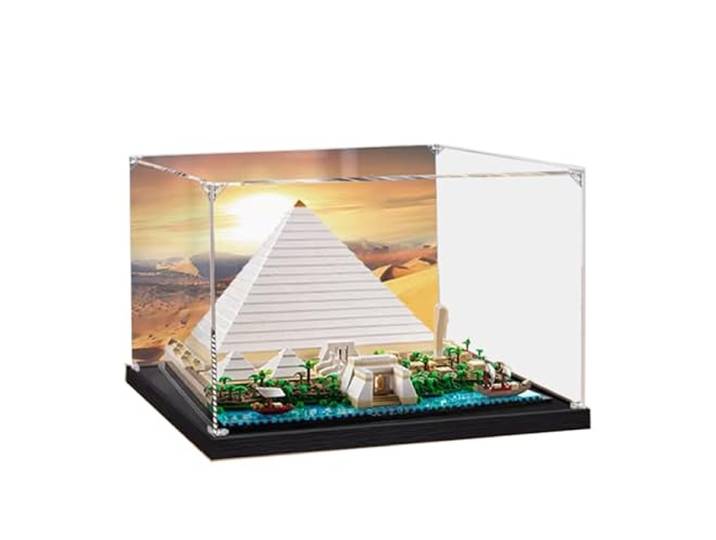 HCAEIOFJ Transparente Acryl-Vitrine für Lego Architecture 21058, anwendbar für große Pyramide von Gizeh, entworfene Schaukasten, Geschenk (nur Vitrine) (schwarze Unterseite + Hintergrund)