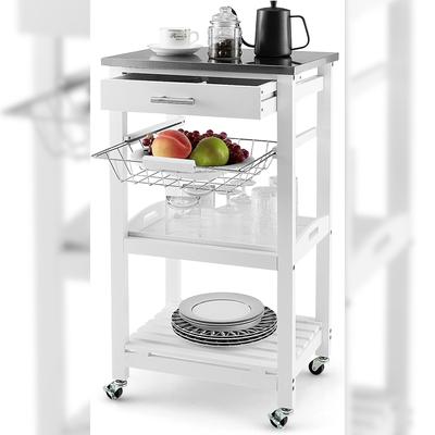 COSTWAY Kleiner Küchenwagen auf Rollen, Edelstahl-Arbeitsplatte, Schublade, Korb & abnehmbares Tablett, Landhausstil Weiß, 47×39×85cm