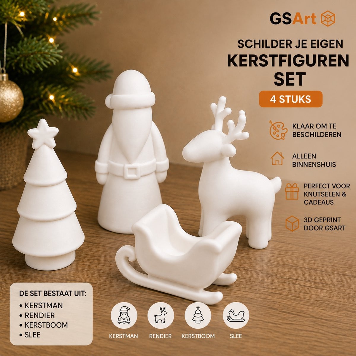 GSArt Kerst Knutselset met 4 stuks 3D Geprinte Kerstfiguren om zelf te schilderen