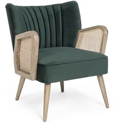 Sessel Virna aus Samt, modern skandinavisch, grün, Armlehnen mit Rattan-Einsatz, Bizzotto