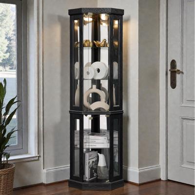 Fundinbaths Lighted Corner Curio Cabinet with Glass Doors, Tall Display Case with Mirrored Back for Living Room