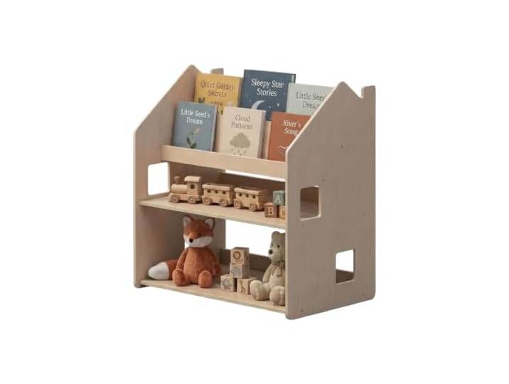 BusyKids Montessori Kinderregal 2in1 – Natura Holz, Bücher & Spielzeug 2in1 Kinderregal: Bücher- und Spielzeugfächer, Montessori-Design, Naturholz, robust und kindersicher.