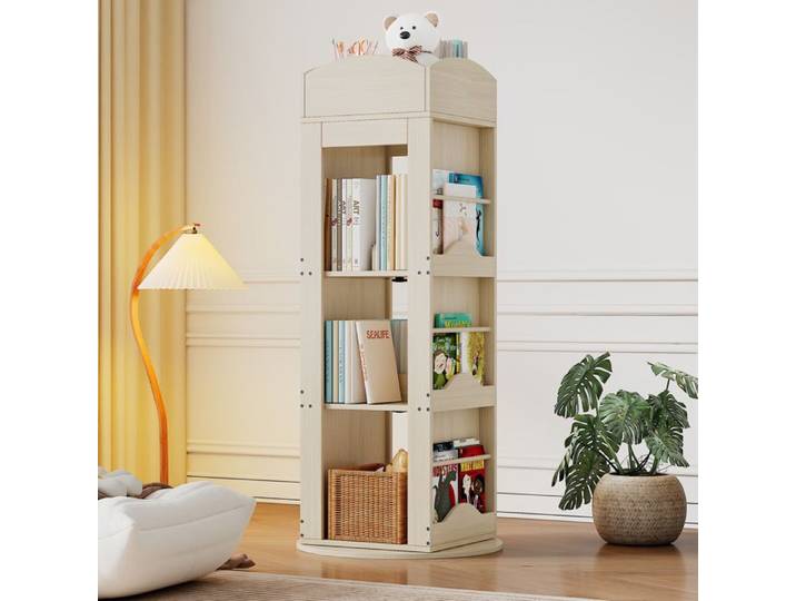 Étagère à livres rotative - 4 niveaux - 360° - Naturel - MDF - 142x63x63 cm