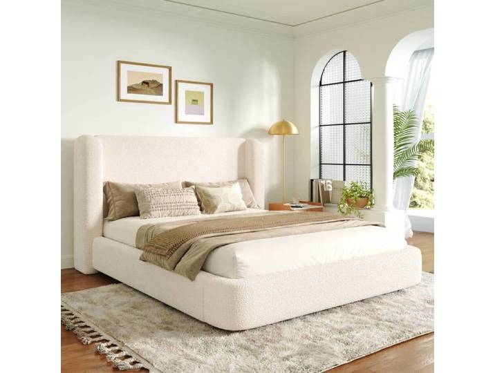 Lit coffre 160x200 cm en tissu bouclette beige avec tête de lit sommier et grand rangement hydraulique