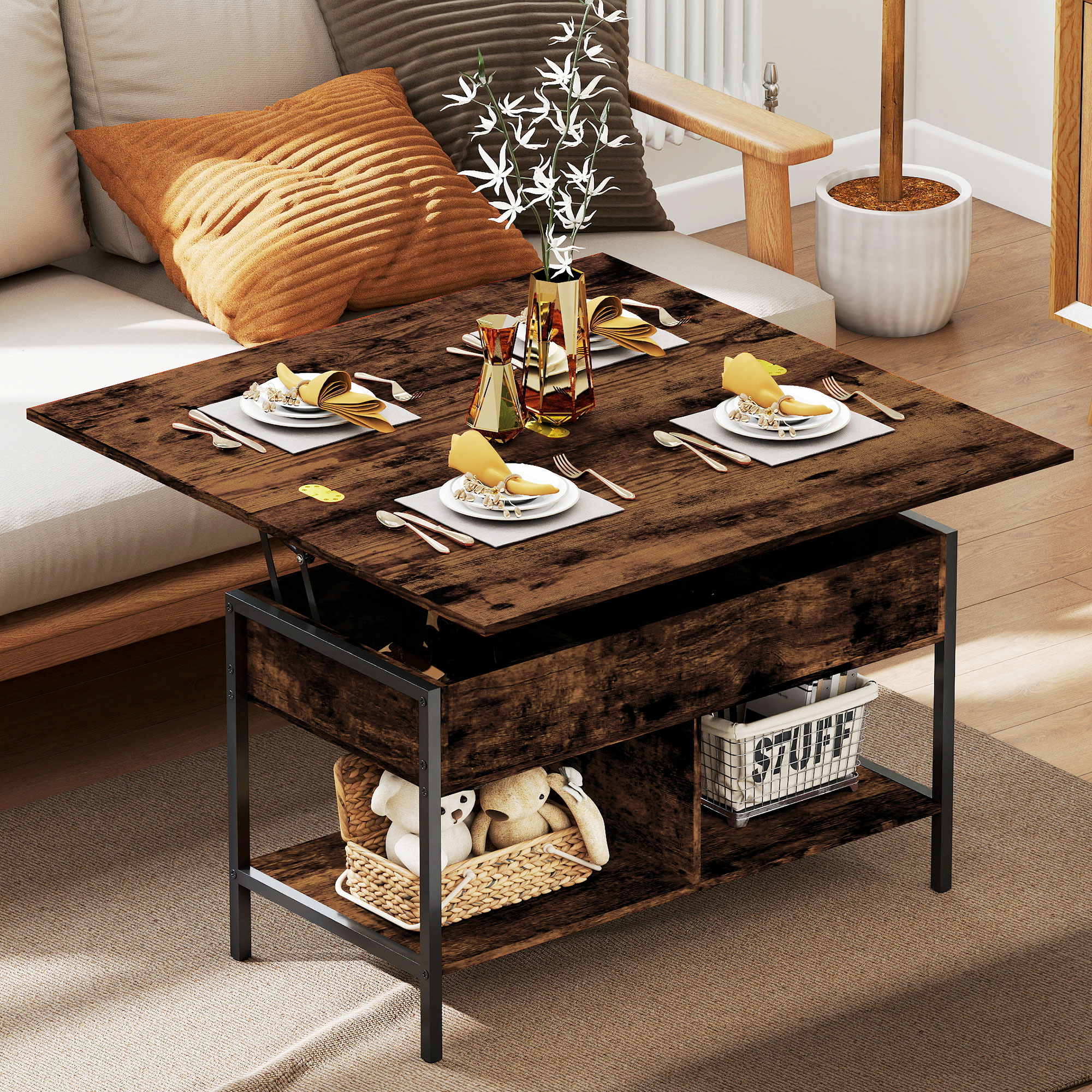 Homcom Tavolino da salotto sollevabile ed estensibile con vano nascosto, 98x49x55 cm, Marrone rustico   Aosom Italy