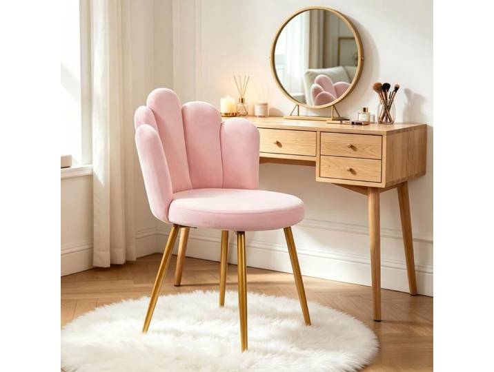 Chaise de Coiffeuse - Design élégant en Velours - Dossier en Forme de Coquillage - Soutien Ergonomique - 50x44x88cm - Rose