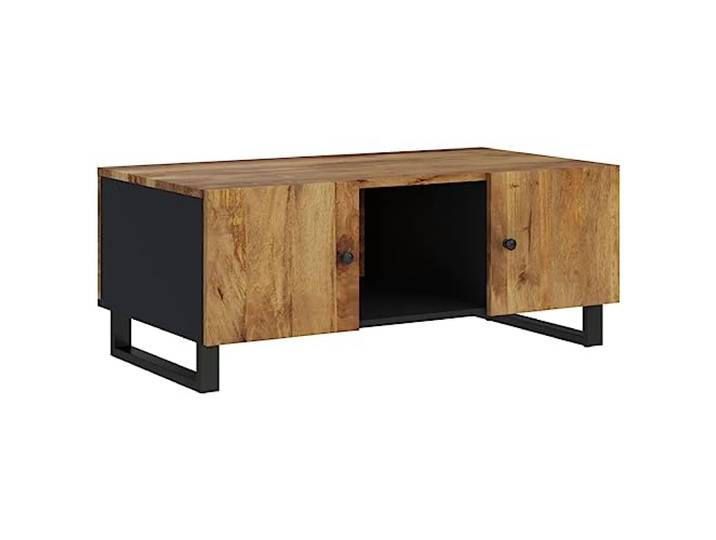 Couchtisch 100x54x40cm Mangoholz massiv und Holzwerkstoff Drei Fächer, Eisenbeine, stabile Tischplatte, Bedienungsanleitung, zufälliger Versand, Couchtisch