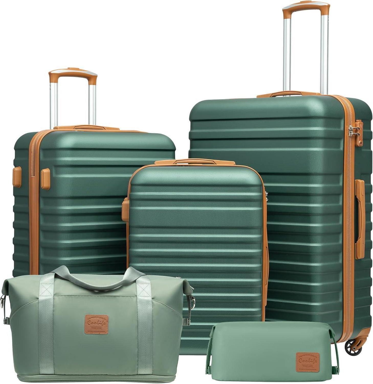 COOLIFE Koffer Set ABS Hartschale 4 Rollen TSA-Schloss 5tlg Dunkelgrün/Braun