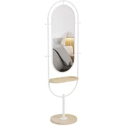 HOMCOM Ganzkörperspiegel Holztablett 4 Haken Metallrahmen Schlafzimmer Wohnzimmer 175,5x50 cm Weiß