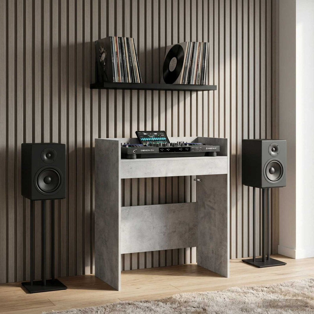 Brayden Studio DJ Table Engineered Wood Modern Audio Table Music Workspace DJ Setup Home Concrete Grey 102cm H x 102cm W x 45cm D