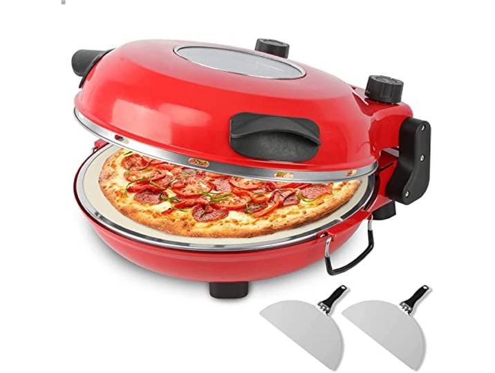 THREMA Elektrischer Pizzaofen, 1200 W Tisch-Pizzaofen, Mehrzweck-Miniofen, Pizzaofen Mit Keramikplatte Und Glasfenster, Perfekt Für Partys Und Familienkochen