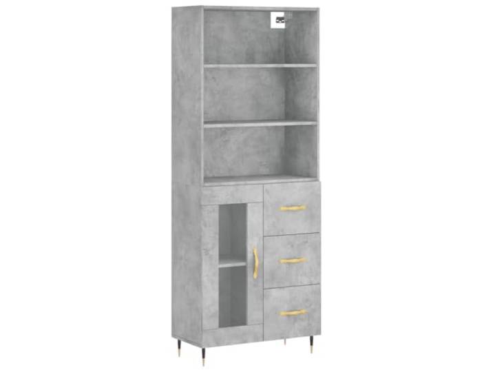KGFHERENB Highboard Betongrau 69,5x34x180 cm Holzwerkstoff Schrank Eleganter Viertürer mit Eisenbeinen und Glasdetails für viel Stauraum im Wohnzimmer oder Essbereich.