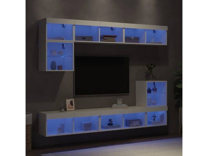 Unités murales TV avec LED 8 pcs blanc bois d'ingénierie 3216668