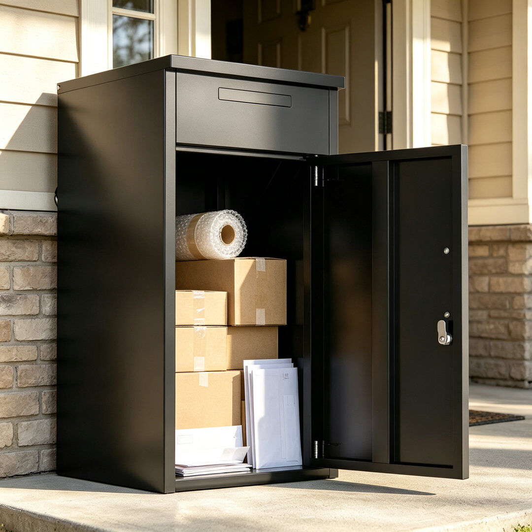 YODOLLA 2-in-1 Outdoor Lockable Parcel Box, Weather Resistant Steel Parcel Delivery Box Matte Black 97.3 cm H x 43.2 cm W x40.6 cm D