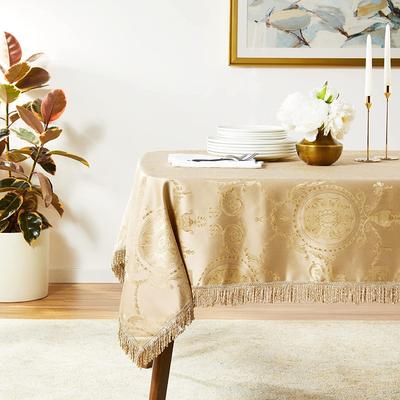 Violet Linen Prestige Medallion Damask Pattern, Polyester Jacquard, with Fringes, Tablecloth