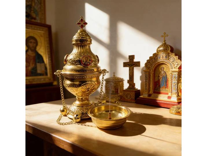 Encensoir suspendu catholique orthodoxe plaqué or avec médailles d'icônes saintes, clochettes et croix émaillée pour l'autel de l'église ou de la maison