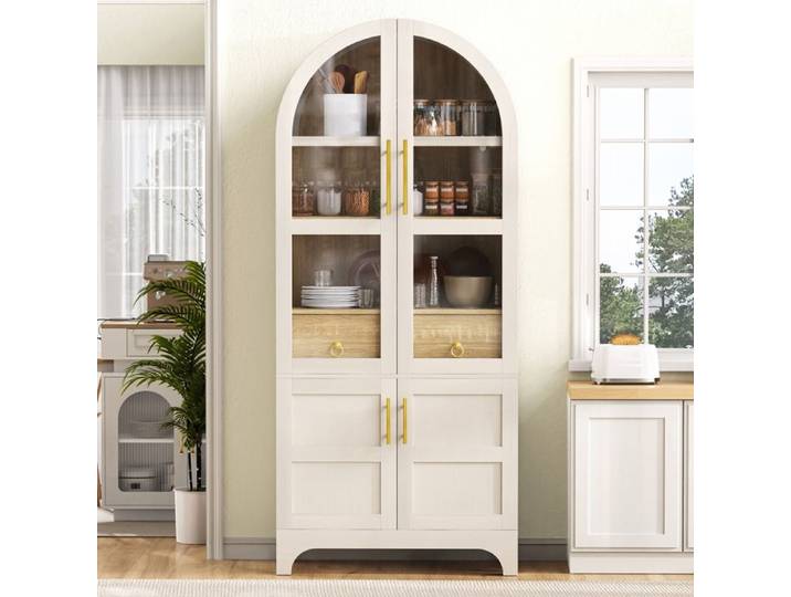 Vitrine-76x40x180cm-Blanc-Meuble de rangement vitré pour salon et salle à manger