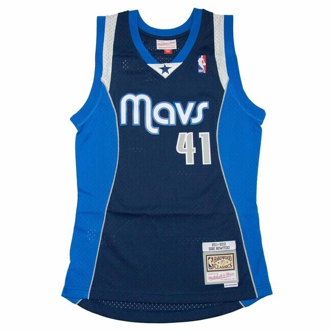 Basketballtrikot von Mitchell & Ness, Dallas Mavericks, Modell #41, Dirk Nowitzki, Swingman-Design, marineblau, Größe XL