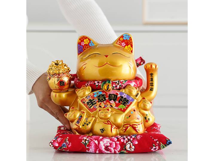 Chat porte-bonheur chinois en porcelaine dorée Maneki Neko, décoration Feng Shui en céramique, faisant signe de chat, bras agitant, 8.46 po