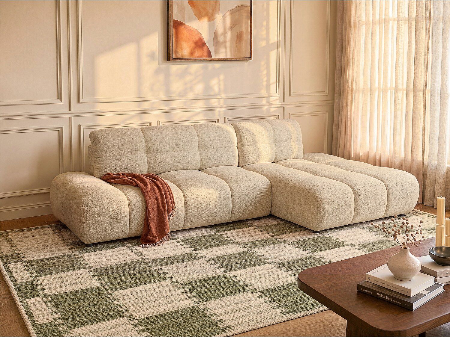 Unique Sofá cama rinconera derecha en tela texturizada beige - JOCIMA
