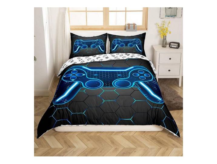 LuxusKollektion Jugendbettwäsche Bettwäsche 155x220cm Gaming Blau Schwarz