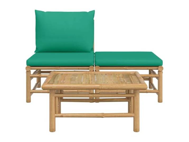 KTHLBRH Gartenmöbel-Set aus Bambus, 3-teilig, mit grünen Kissen Modulares Sofa, Couchtisch, Fußstütze, gepolsterte Kissen, Polyester, Verwendung im Freien