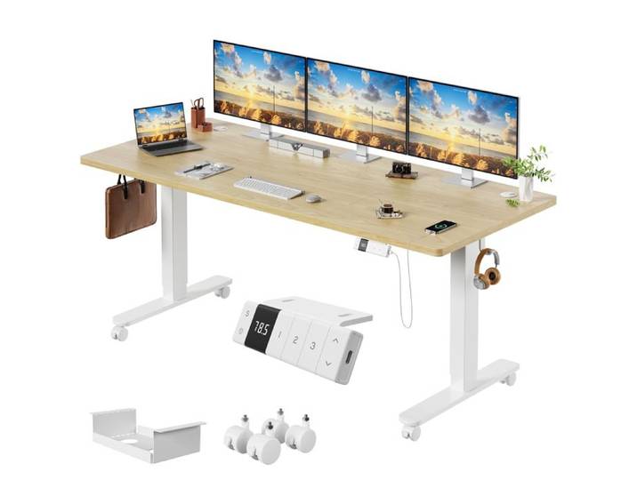 Homall Bureau Assis-Debout Électrique 180x80 · Plateau Profond 80cm · 72-118cm · Mémoire USB · Beige + Blanc