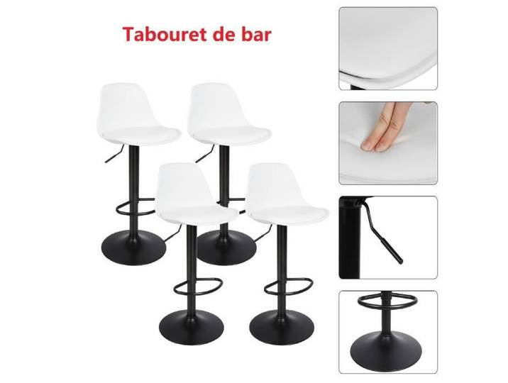 Tabouret de bar - WILLONIN - Réglable en hauteur - Dossier - 360° - Lot de 4 - Blanc+Noir