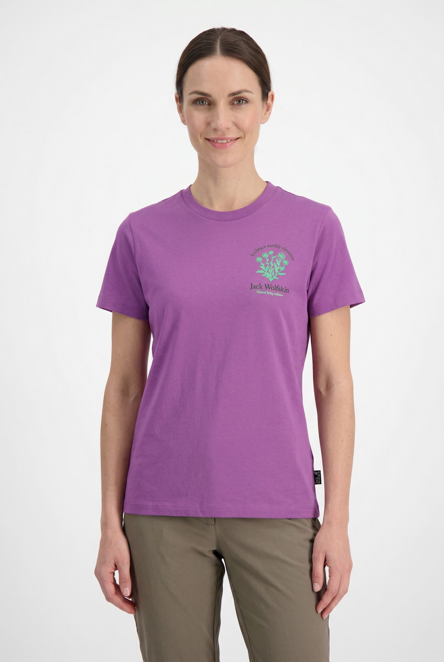 T-Shirt JACK WOLFSKIN "CAREFREE T W", Damen, Gr. XS (34), lila (plant freesi), Obermaterial: 100% Baumwolle, normal, Rundhals, Shirts T-Shirt, Kurzarm-Design, mit Rundhalsausschnitt, ohne Verschluss, aus Baumwolle plant freesi XS (34)