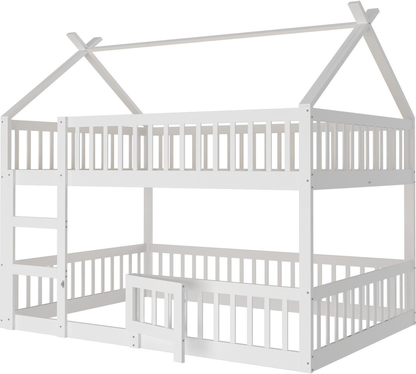 Kinderbett 140x200cm Etagenbett (Ohne Matratze) Doppelbett Hausbett Jugendbett Familienbett mit Treppe Loft Design Massivholzbett Weiss