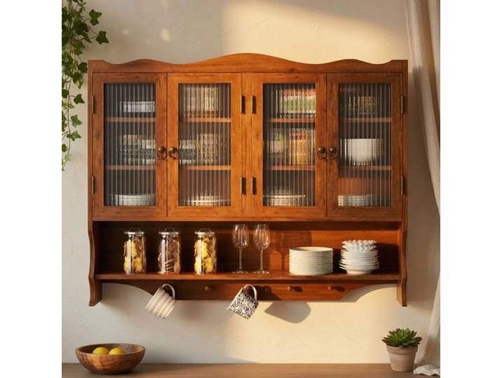 CollaHausse Meuble Mural Rétro 100cm 4 Portes 2 Niveaux Crochets Salle Bain Cuisine Marron