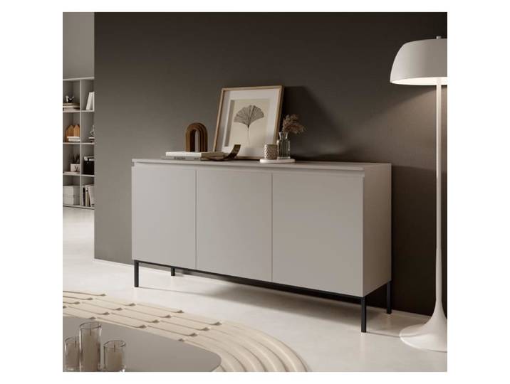 Commode - SELSEY - Bemmi - 150 x 35 x 75 5 cm - 3 portes - Gris-beige