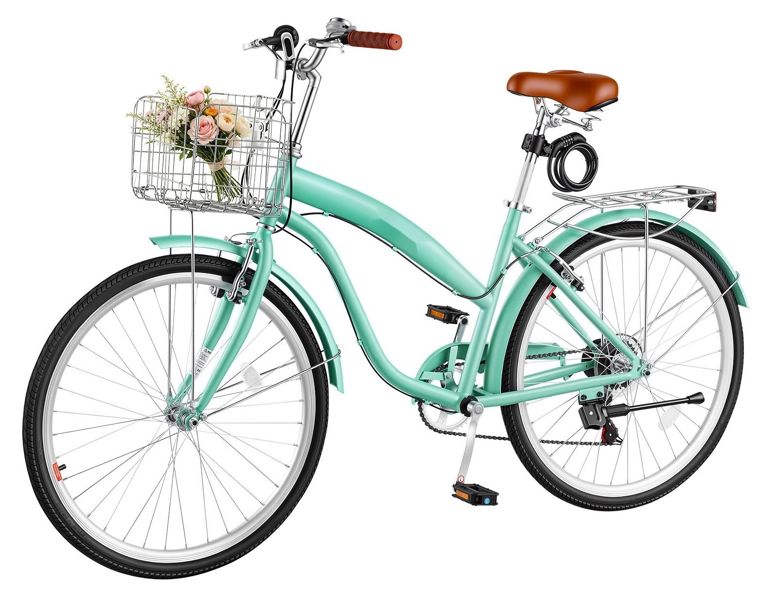 Damenfahrrad - Cruiser-Citybike - 66-cm-Laufräder - 7-Gang-Schaltung - Maximale Belastung 150 kg - Verstellbarer PolyurethanSattel - Gepäckträger bis 50 kg - Hellgrün
