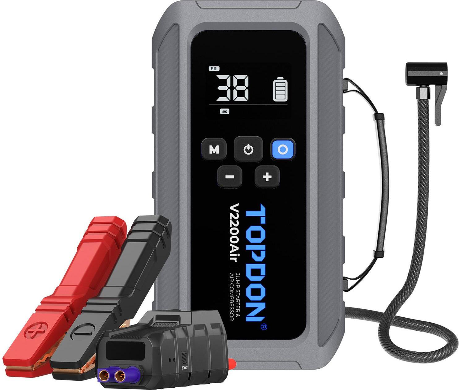 TOPDON JumpSurge V2200air Car Jump Starter met 12000mAh en 2200A maximale stroomsterkte en 4-150 PSI bandenspanningregelaar