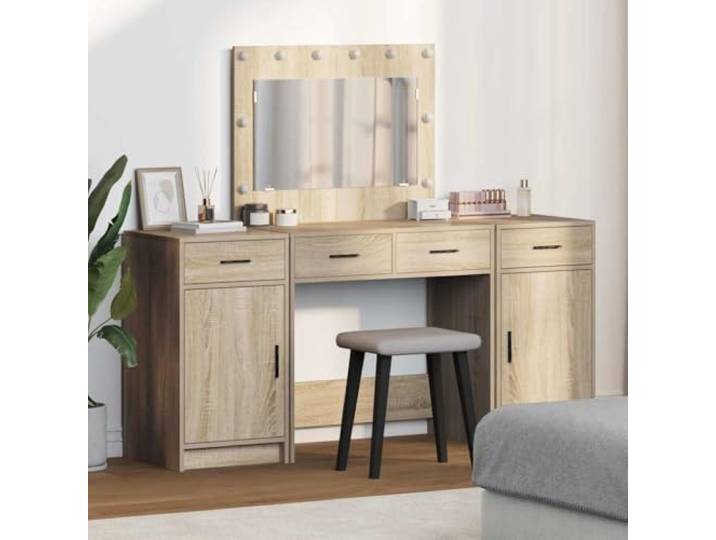 Xolmizyn Schminktisch mit Spiegelbeleuchtung, 4 Schubladen, Braun Integrierte LED-Beleuchtung, Inklusive Sideboard, Robustes Holzwerkstoff-Design